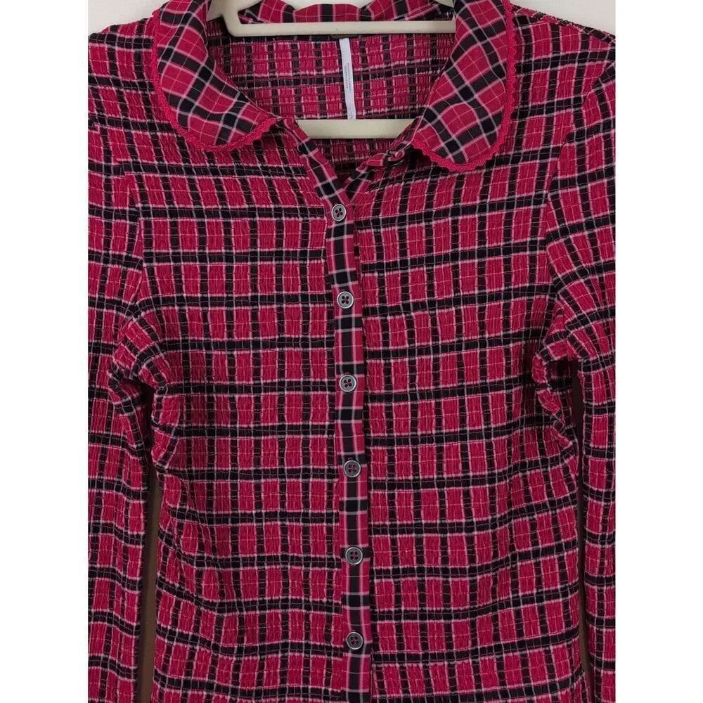 Free People Caught A Feeling Red Plaid Cardigan Button Front Long Sleeve Top - Picture 5 of 10